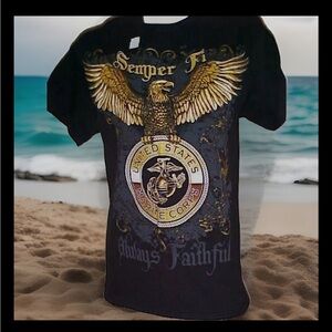 USMC Marine Corps Golden Eagle T-Shirt Black Semper Fi Always Faithful Size M